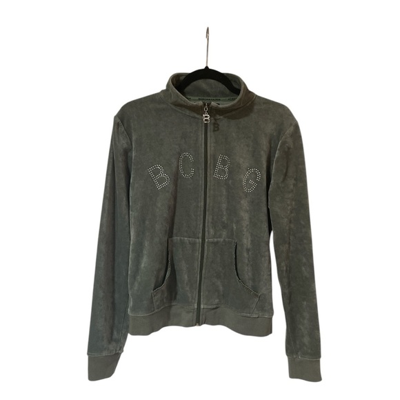 BCBGMAXAZRIA Velour Jacket Rhinestone Pockets Zipper Long Sleeve Green Size L - Picture 1 of 14